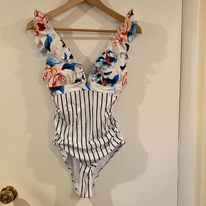 Floral & Stripe One-Piece Swimsuit White, Blue, Pink and Floral Orange swimsuit